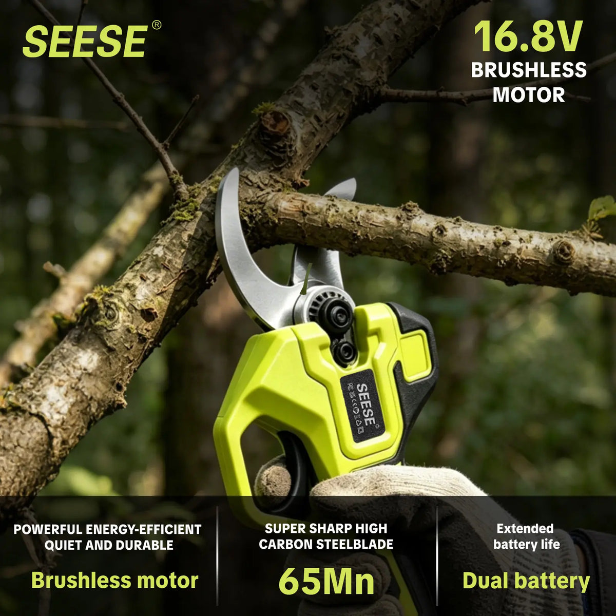 SEESE Electric Pruning Shears for Gardening: 1.25" Cutting Cordless Power Pruner, Brushless Motor, Dual21V Battery for Tree &amp; Flowertrimming