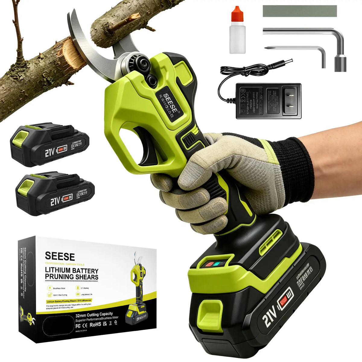 SEESE Electric Pruning Shears for Gardening: 1.25" Cutting Cordless Power Pruner, Brushless Motor, Dual21V Battery for Tree &amp; Flowertrimming