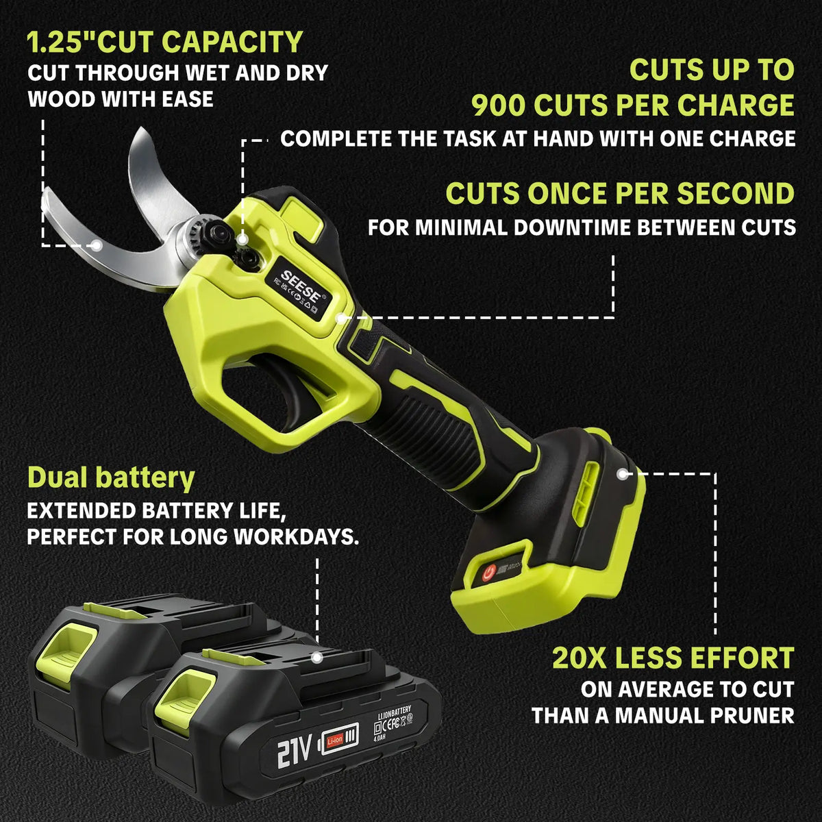 SEESE Electric Pruning Shears for Gardening: 1.25" Cutting Cordless Power Pruner, Brushless Motor, Dual21V Battery for Tree &amp; Flowertrimming