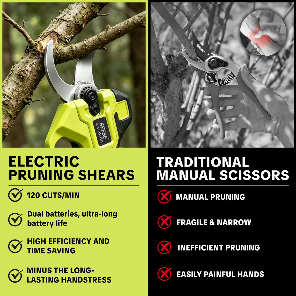 SEESE Electric Pruning Shears for Gardening: 1.25" Cutting Cordless Power Pruner, Brushless Motor, Dual21V Battery for Tree &amp; Flowertrimming