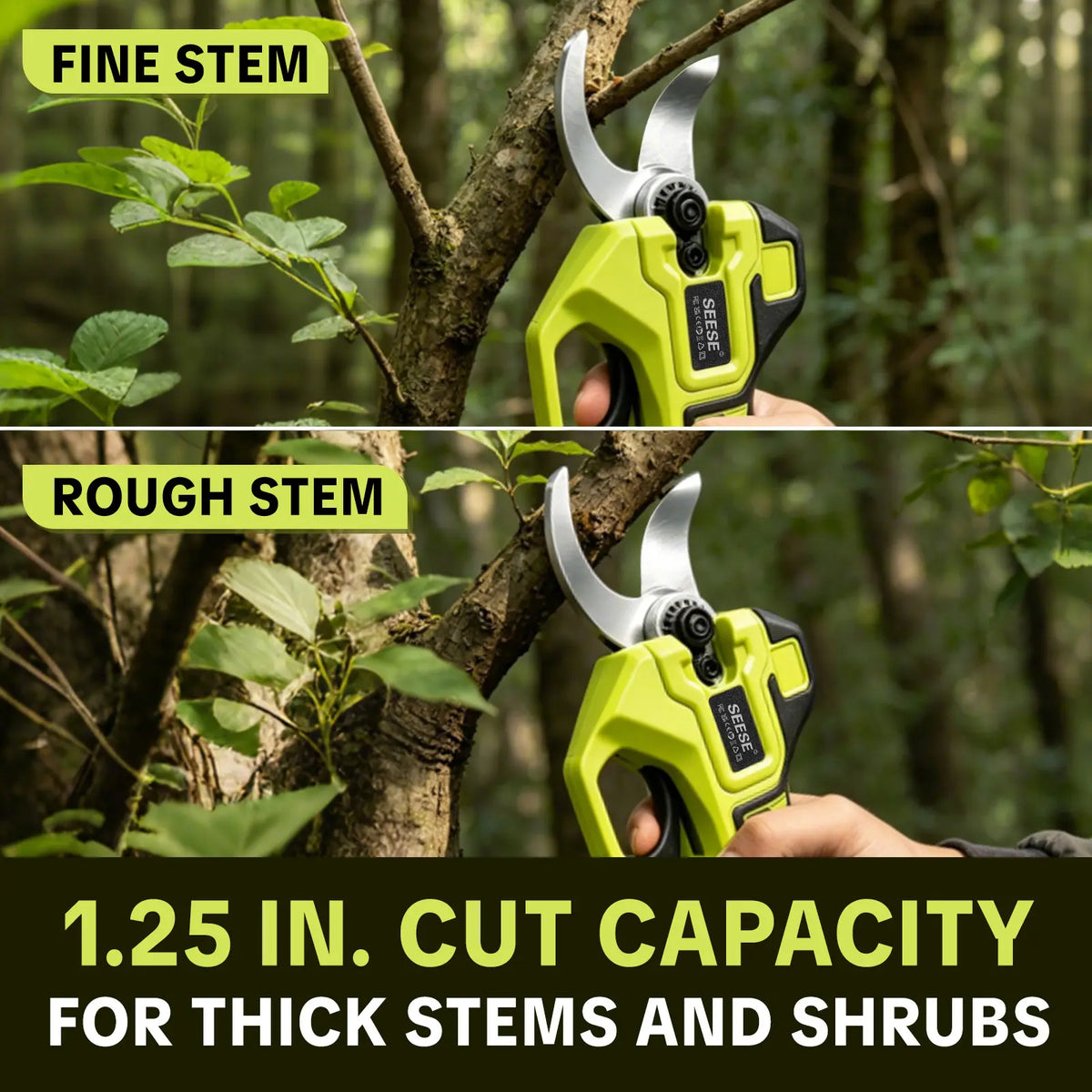 SEESE Electric Pruning Shears for Gardening: 1.25" Cutting Cordless Power Pruner, Brushless Motor, Dual21V Battery for Tree &amp; Flowertrimming